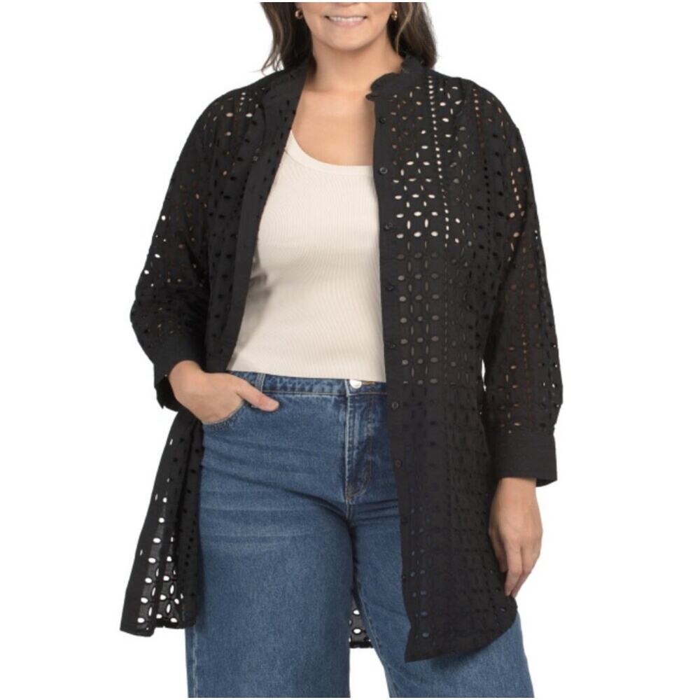 ADIVA | Black Lace Eyelet Shirt Tunic Collar Coverup Plus | Size 1X